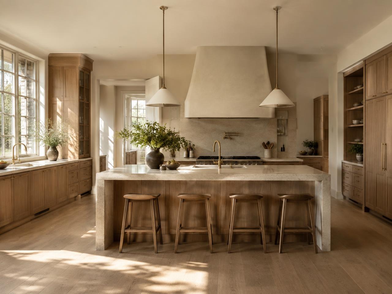 Warm European-inspired kitchen with oak cabinetry